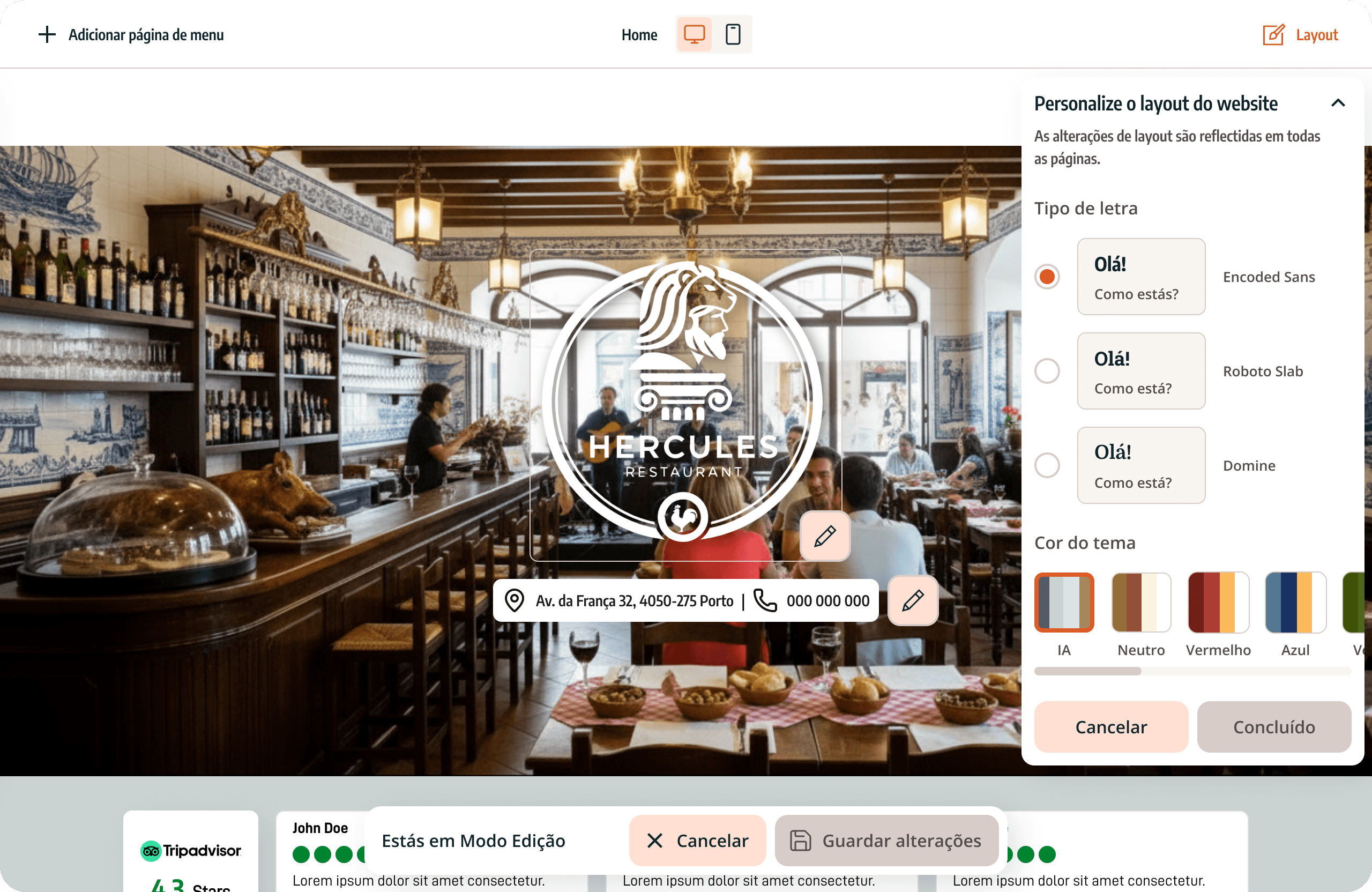 Pré-visualização do editor de website no Hercules